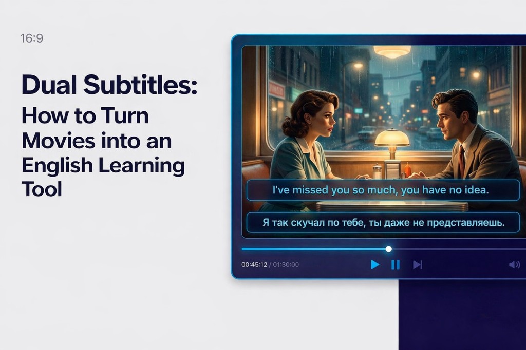Dual subtitles: how to turn movies into an English learning tool. Video player showing English and Russian subtitles at once for learning English with films.