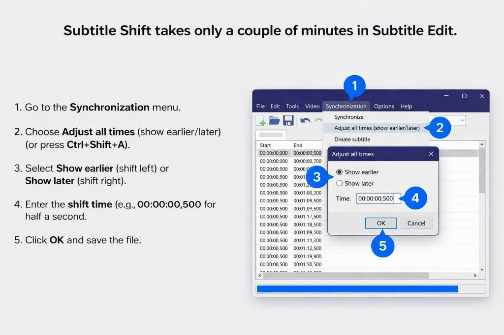 Step-by-step guide to synchronizing and shifting subtitles in Subtitle Edit: Synchronization menu, Adjust all times, Show earlier or Show later, enter time offset (e.g. 0.5 seconds), click OK and save.