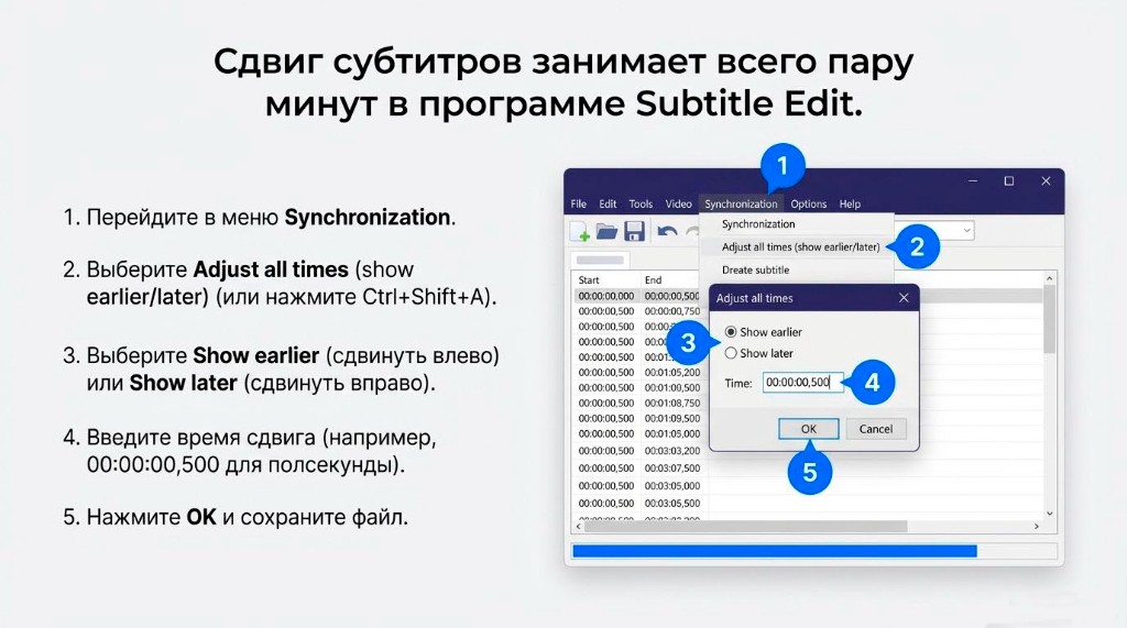 Пошаговая инструкция по синхронизации и сдвигу субтитров в программе Subtitle Edit: меню Synchronization, Adjust all times, выбор Show earlier / Show later, ввод времени смещения (например 0,5 с) и подтверждение.