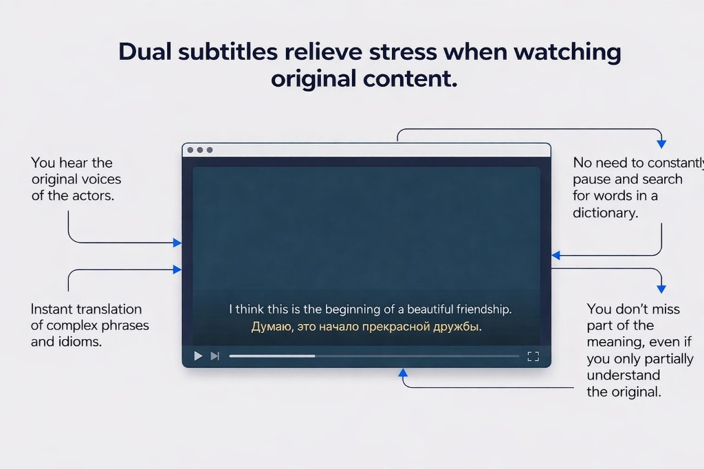 Dual subtitles relieve stress when watching original content: video player with English and Russian subtitle lines. Benefits: hear original actors’ voices, instant translation of phrases and idioms, no need to pause and look up words, meaning is preserved.