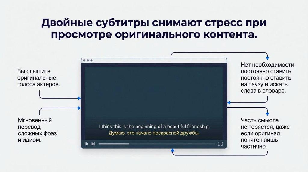 Двойные субтитры снимают стресс при просмотре оригинального контента: видеоплеер с английской и русской строками. Преимущества — слышите оригинальные голоса, мгновенный перевод фраз и идиом, не нужно ставить на паузу и искать в словаре, смысл не теряется.