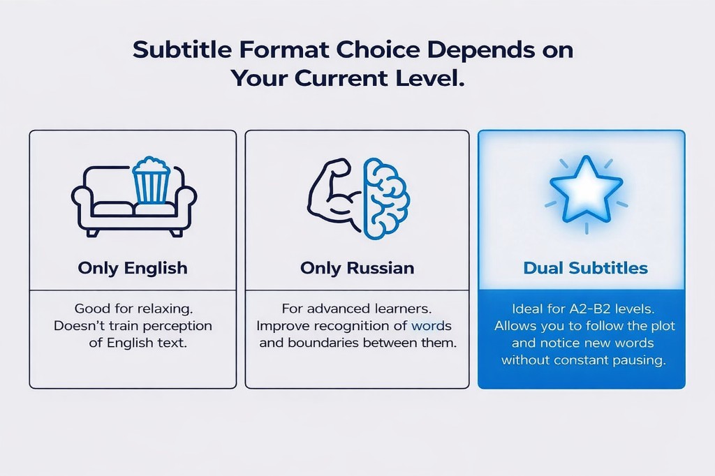 Infographic: subtitle format choice (only English, only Russian, dual subtitles) for learning English at different levels. Recommendations for relaxing, advanced learners, and A2–B2.